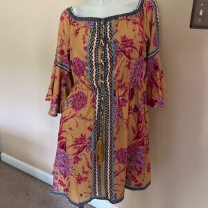 Jealous Tomato Floral Midi Dress in Mustard and Magenta